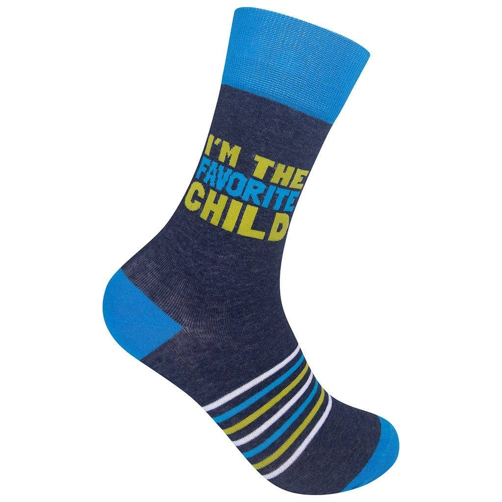 Mellow Monkey navy blue crew socks with I'M THE FAVORITE CHILD text, light blue accents, and striped pattern.