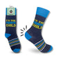 Mellow Monkey navy blue crew socks featuring the text I'm The Favorite Child with lime green and blue striped accents.