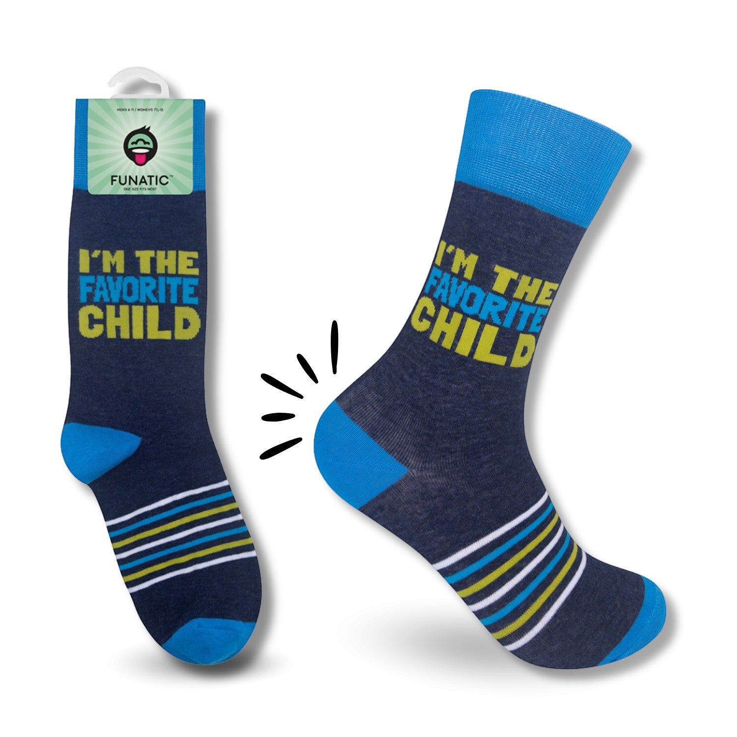 Mellow Monkey navy blue crew socks featuring the text I'm The Favorite Child with lime green and blue striped accents.
