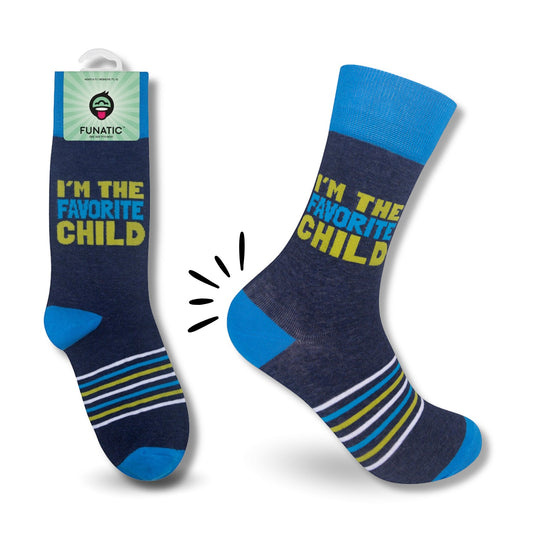 Mellow Monkey navy blue crew socks featuring the text I'm The Favorite Child with lime green and blue striped accents.