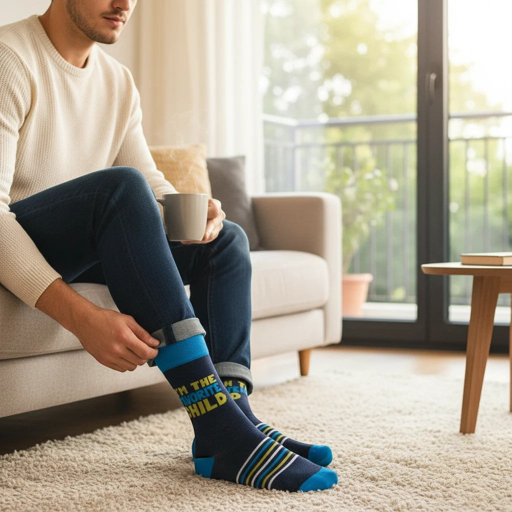 Mellow Monkey navy blue crew socks with I'm The Favorite Child text, worn by a man sitting on a sofa with a mug.