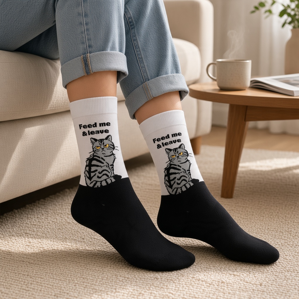 Mellow Monkey bamboo knit socks featuring a grumpy grey tabby cat and the text Feed Me & Leave on a black and white base