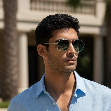 Mellow Monkey Feeling Nauti aviator sunglasses with silver metal frame and green UV-protected lenses.