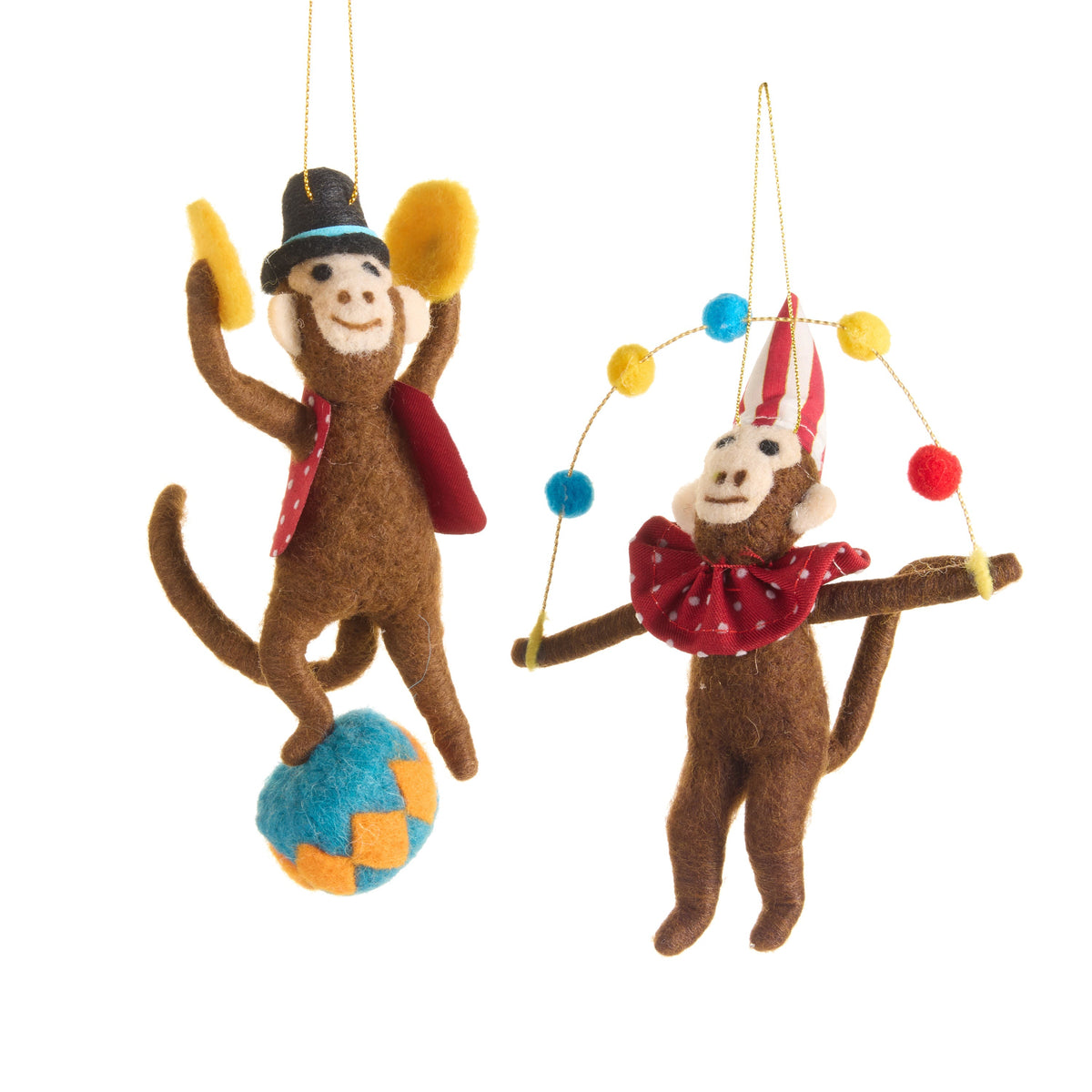 Mellow Monkey handcrafted felt circus monkey ornaments featuring a juggler and a balance ball monkey on gold strings.