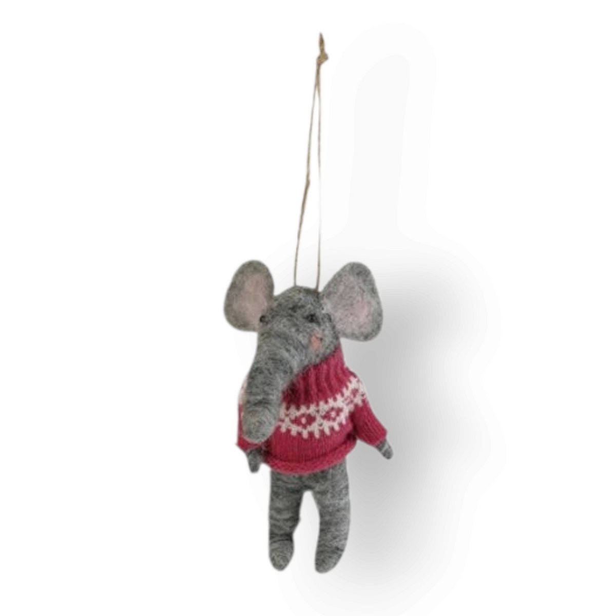 Mellow Monkey handcrafted grey wool felt elephant ornament wearing a pink and white patterned holiday sweater