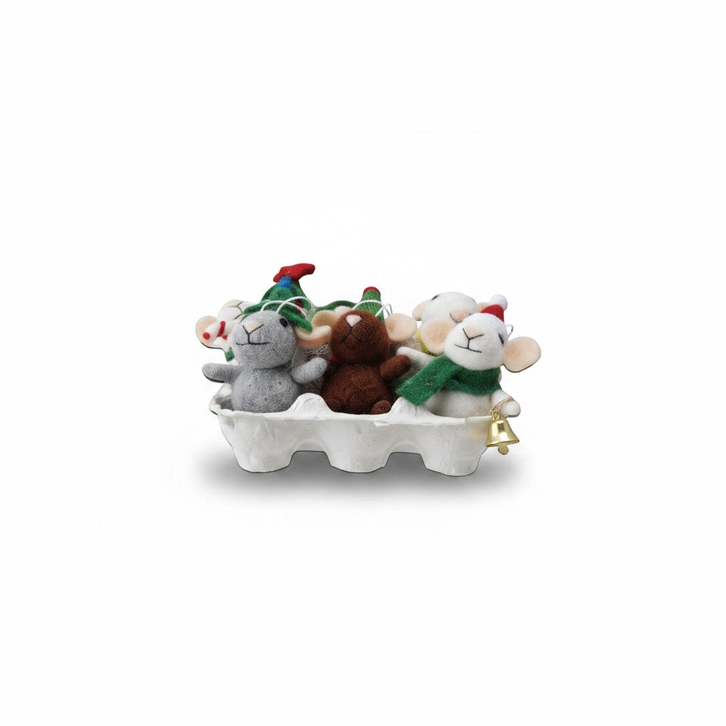 Mellow Monkey set of 6 handmade wool felt mice ornaments in a cardboard egg crate wearing festive holiday outfits