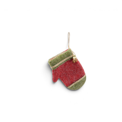 Mellow Monkey felt mitten Christmas ornament in red and green with a rustic pinecone accent and hanging twine loop.