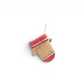 Mellow Monkey felt mitten Christmas ornament in red and beige with a small pinecone accent and hanging twine.