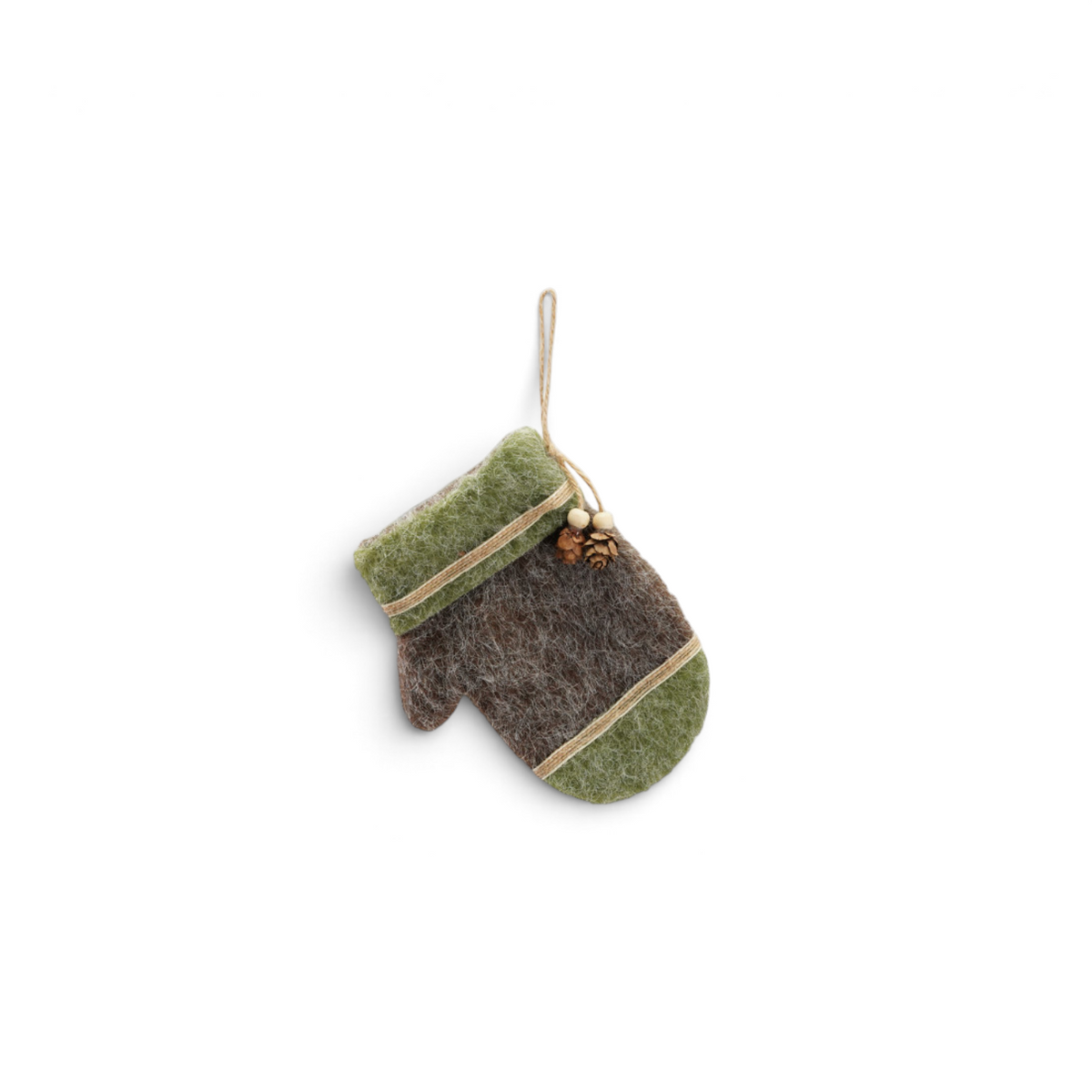 Mellow Monkey felt mitten Christmas ornament in green and brown with a rustic pinecone and twine hanging loop