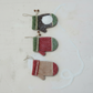 Mellow Monkey felt mitten ornaments in red, green, and brown with pinecone accents and decorative trim