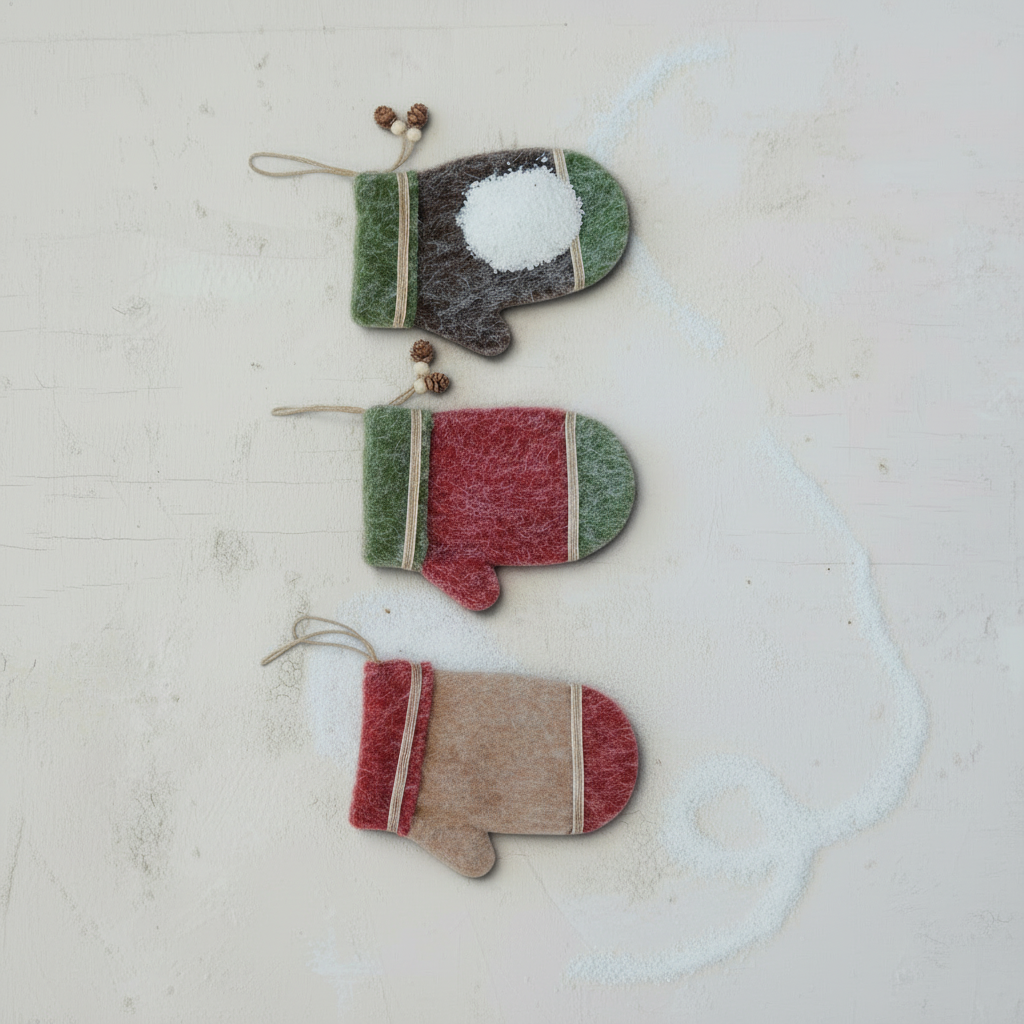 Mellow Monkey felt mitten ornaments in red, green, and brown with pinecone accents and decorative trim