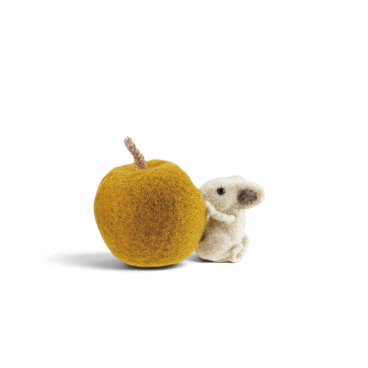 Mellow Monkey handmade felted wool mouse figurine standing next to a textured orange pear on a white background.