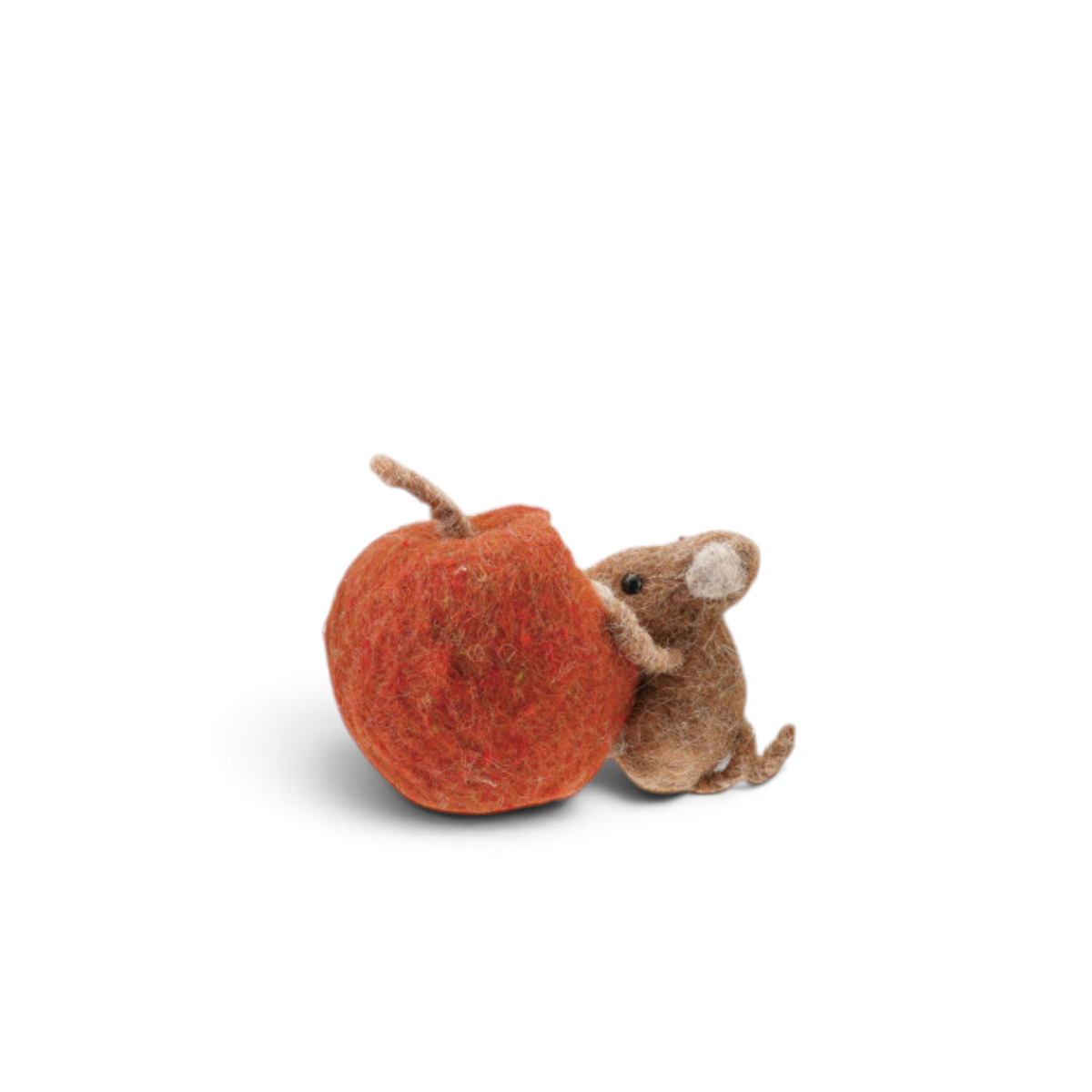 Mellow Monkey felted wool mouse figurine eating a textured red apple, handmade artisan home decor.