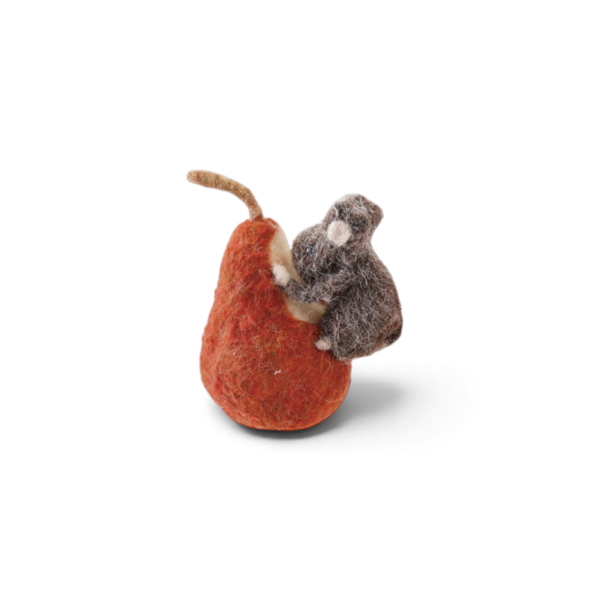 Mellow Monkey handmade felted wool mouse figurine eating a red pear, charming artisan home decor.