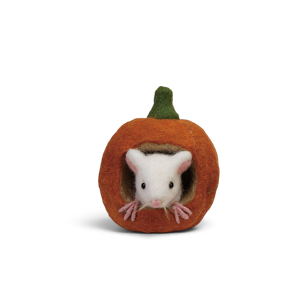 Mellow Monkey handmade wool felt pumpkin with a cute white mouse peeking out, perfect for autumn tabletop decor.