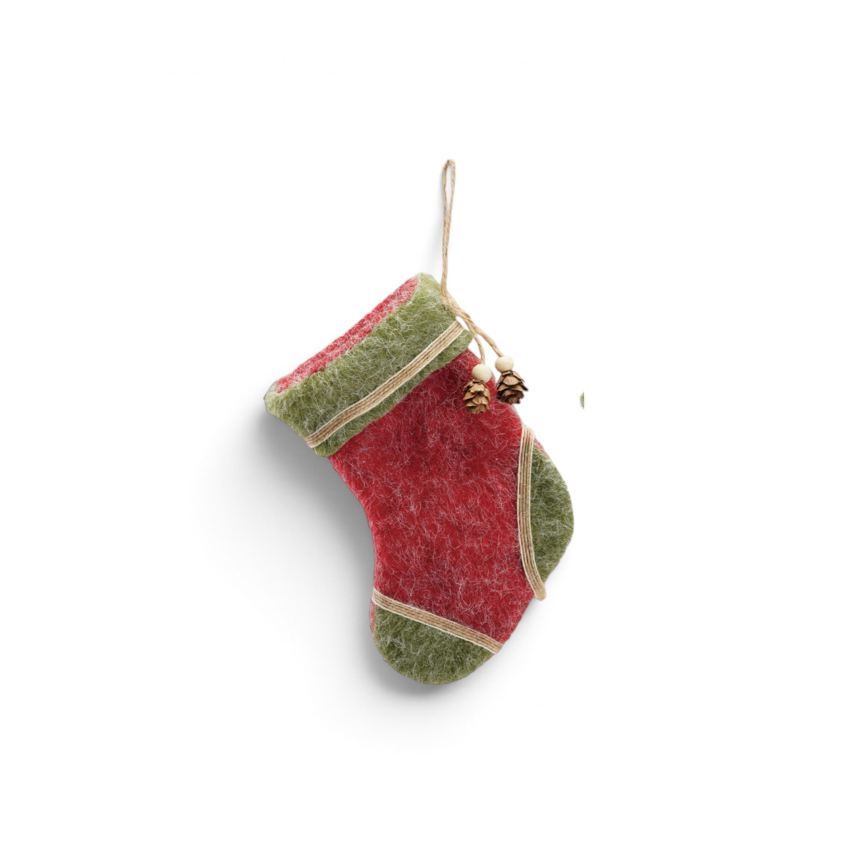 Mellow Monkey felt Christmas stocking ornament in red and green with a natural pinecone and beaded accent.
