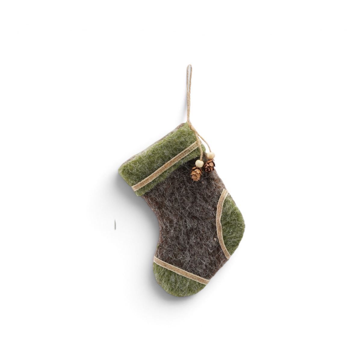 Mellow Monkey felt stocking Christmas ornament in green and brown with a miniature pinecone and beaded accent.