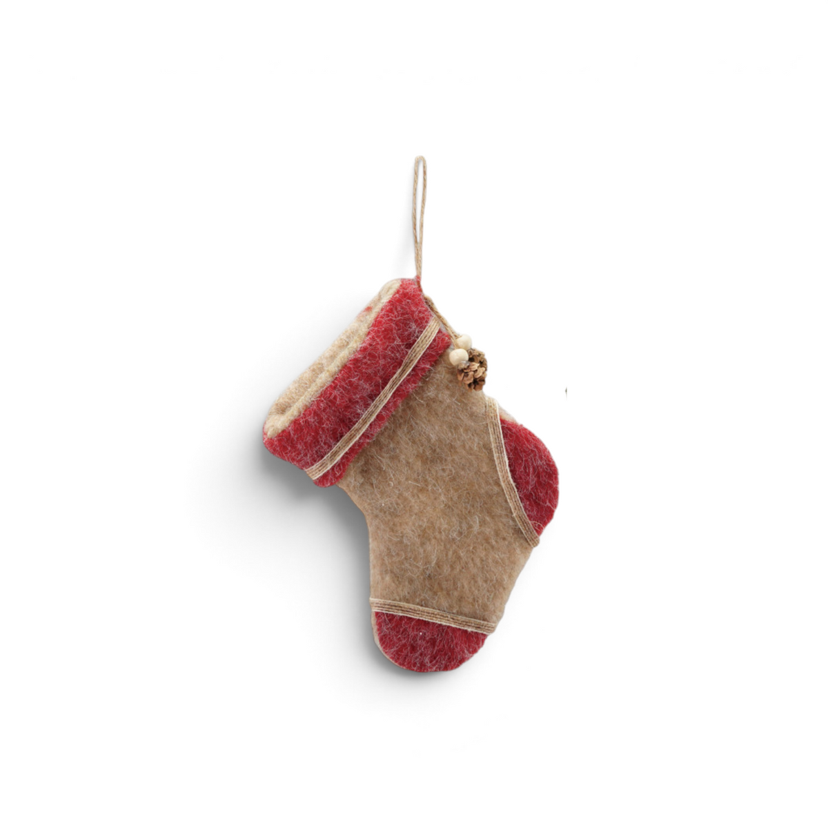 Mellow Monkey felt stocking Christmas ornament in tan and red with a miniature pinecone and beaded accent.