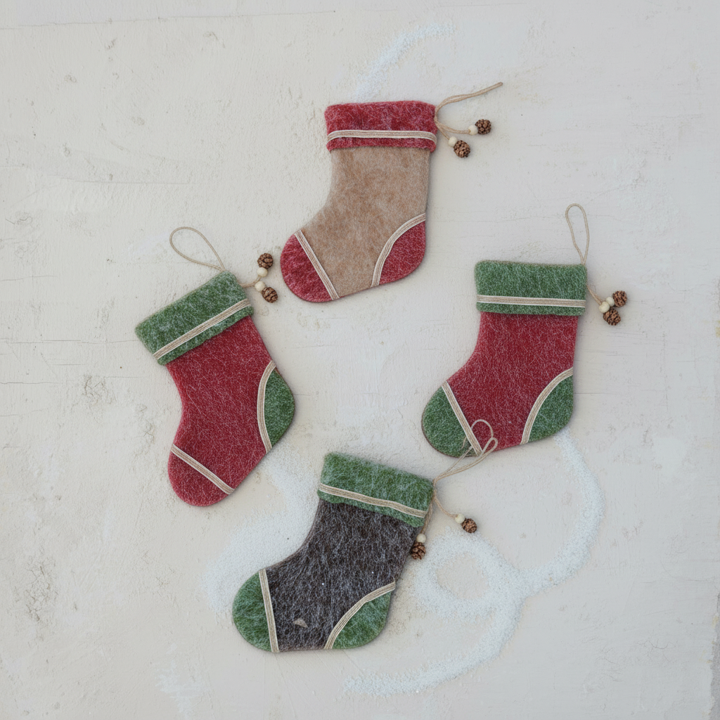 Mellow Monkey felt stocking ornaments in red, green, and tan with pinecone and bead accents on a white background
