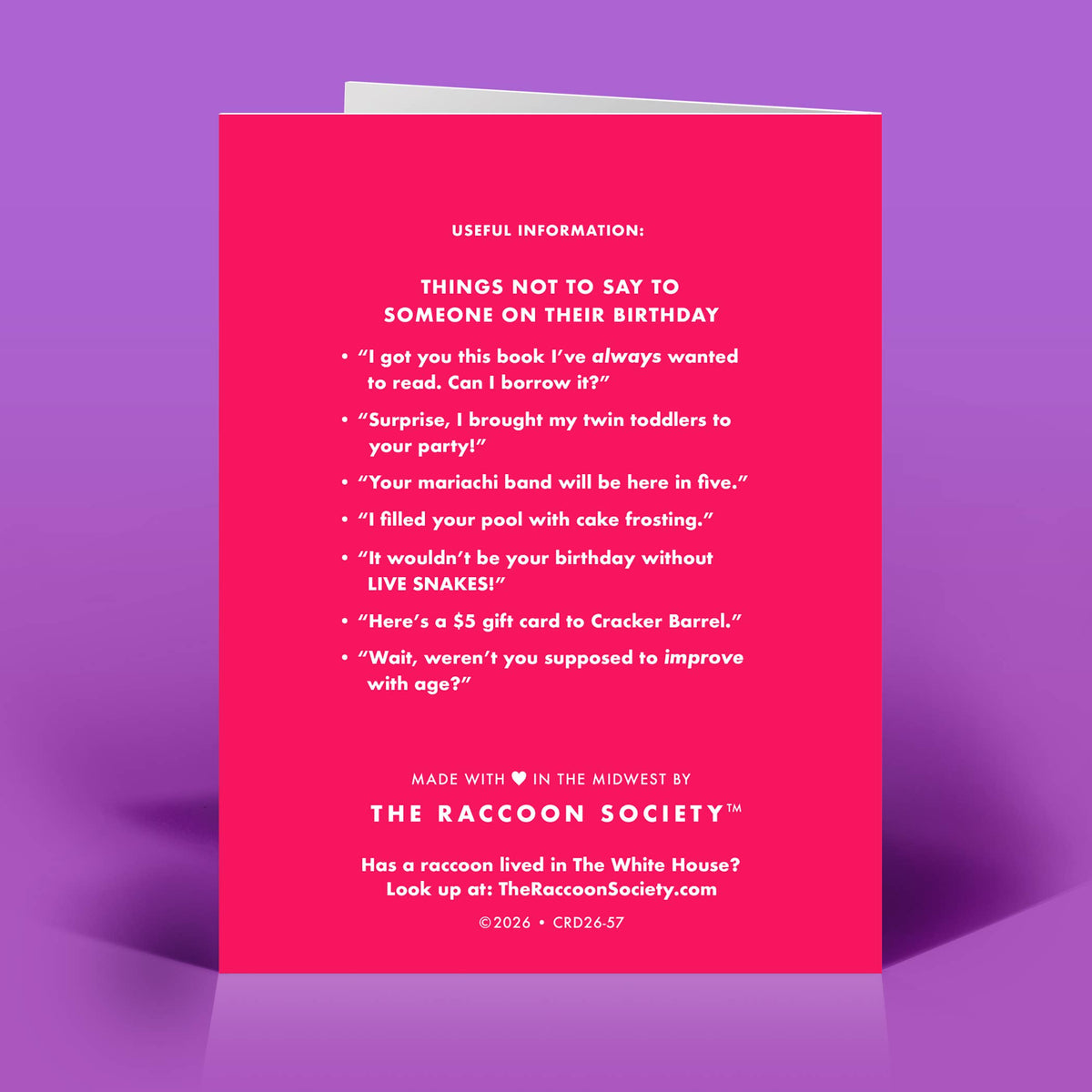 Mellow Monkey Feminist Witch birthday card back view featuring humorous text on a vibrant pink background.