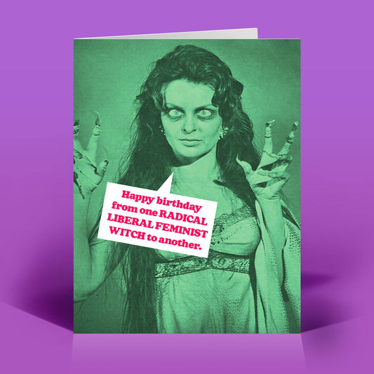 Mellow Monkey Feminist Witch birthday greeting card featuring a vintage-style green graphic on recycled paper.