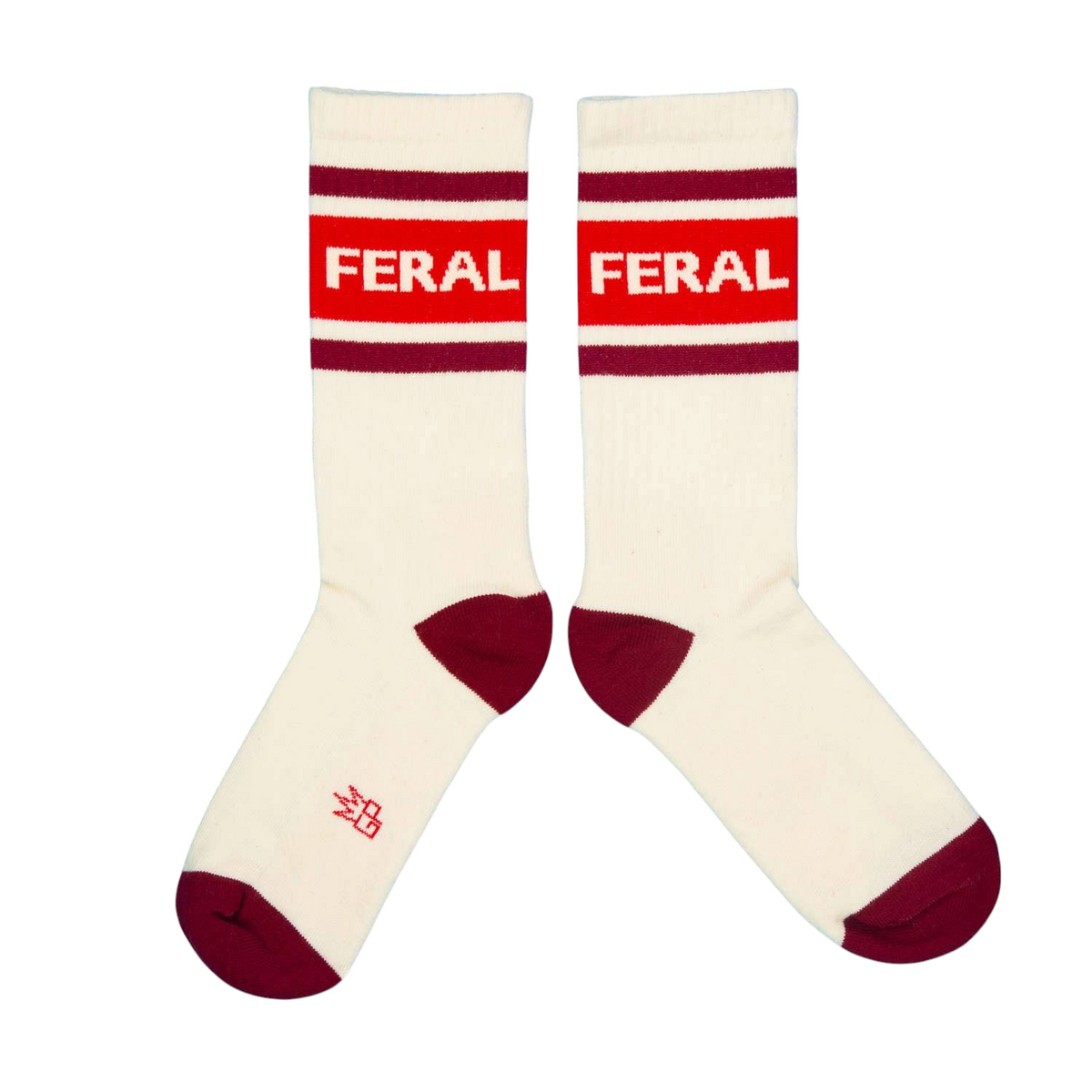 Mellow Monkey Feral gym crew socks in cream with red stripes and FERAL text, featuring a mid-calf cuff design.