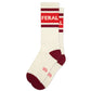 Mellow Monkey Feral gym crew socks in cream with maroon stripes, heel, toe, and FERAL text detail.