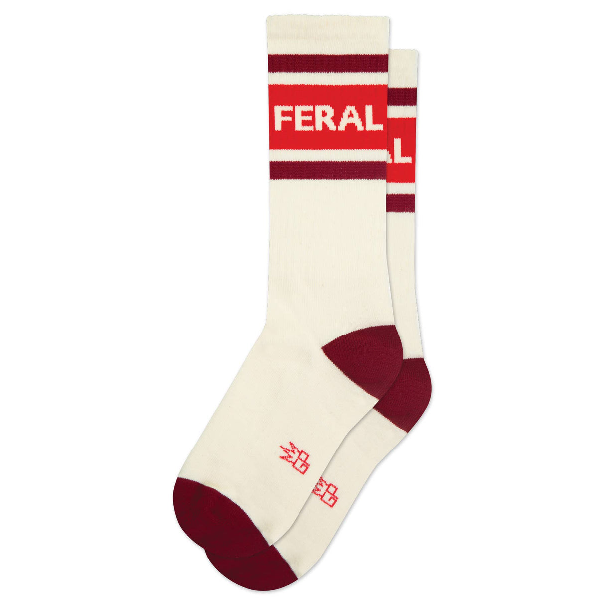 Mellow Monkey Feral gym crew socks in cream with maroon stripes, heel, toe, and FERAL text detail.
