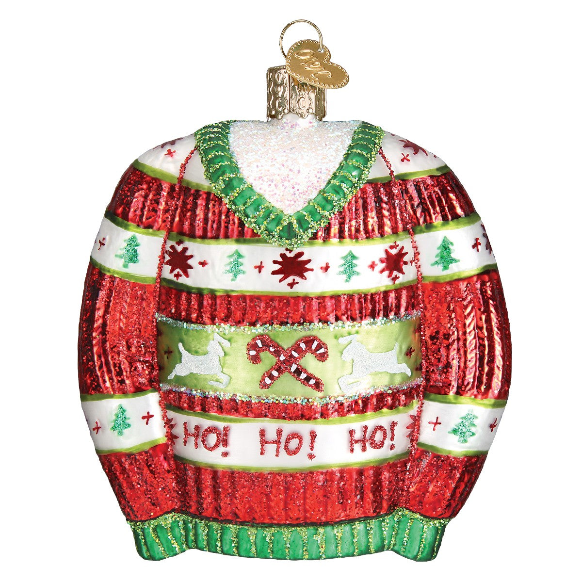 Mellow Monkey 4-inch blown glass ornament shaped like a festive Christmas sweater with red, white, and green stripes, reindeer, candy canes, and "HO! HO! HO!" text.