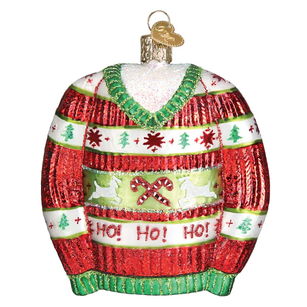 festive ornament in the shape and likeness of an ugly sweater with red, white and green colors