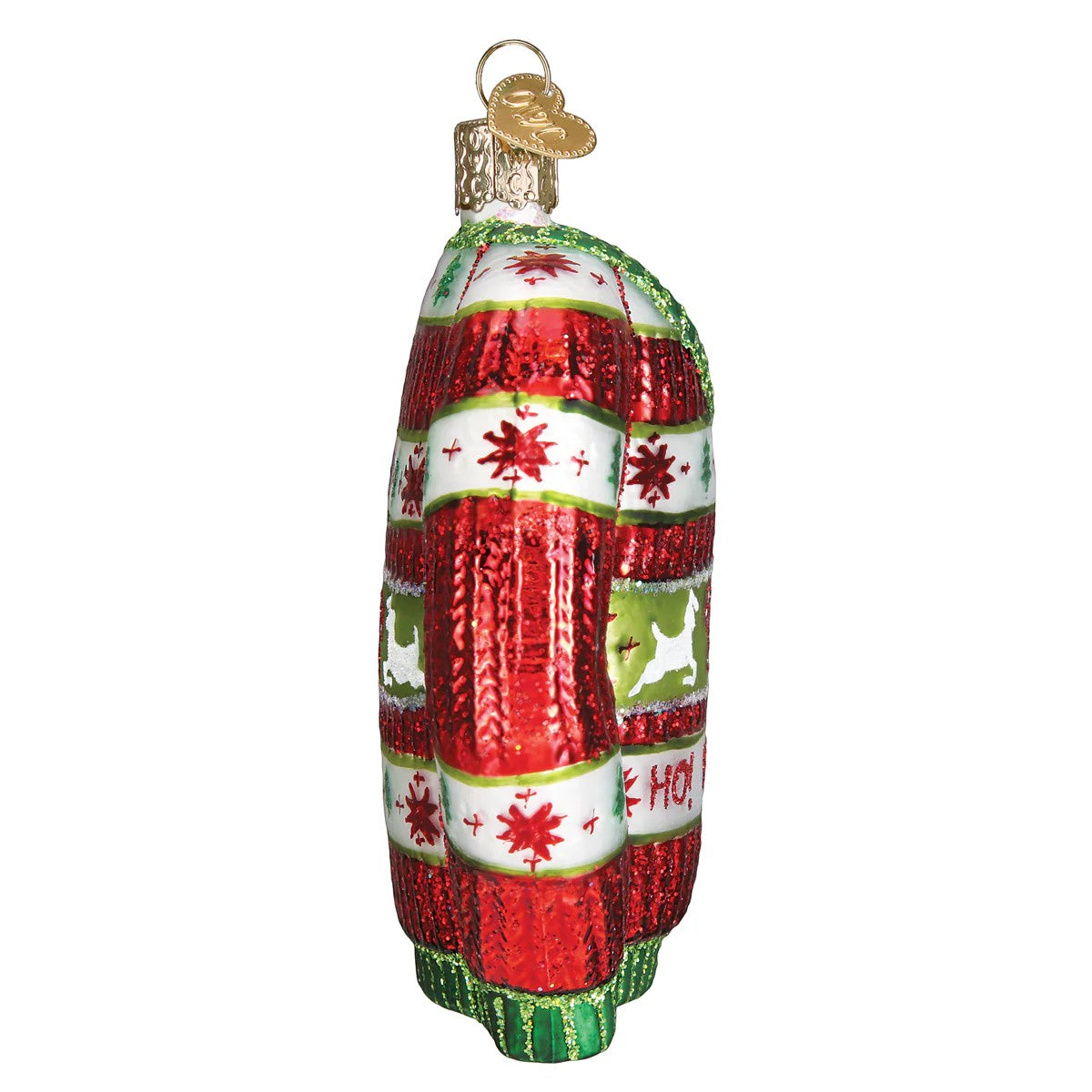 Mellow Monkey 4-inch blown glass ornament shaped like a festive Christmas sweater with red, white, and green stripes, snowflakes, and reindeer.