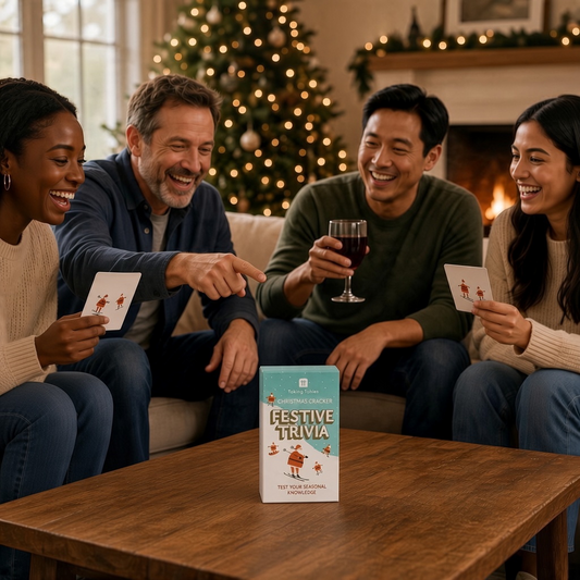 Mellow Monkey festive trivia game box on a wooden table with a group of friends playing in a cozy living room.