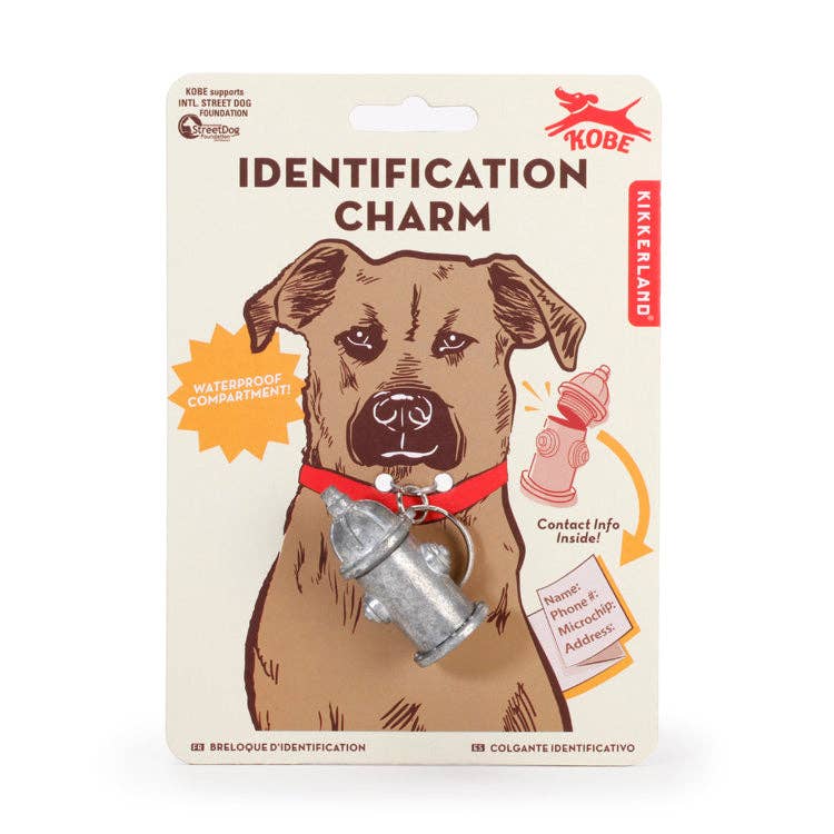 Mellow Monkey Kobe Identification Charm featuring a silver zinc alloy fire hydrant tag on a dog collar display card