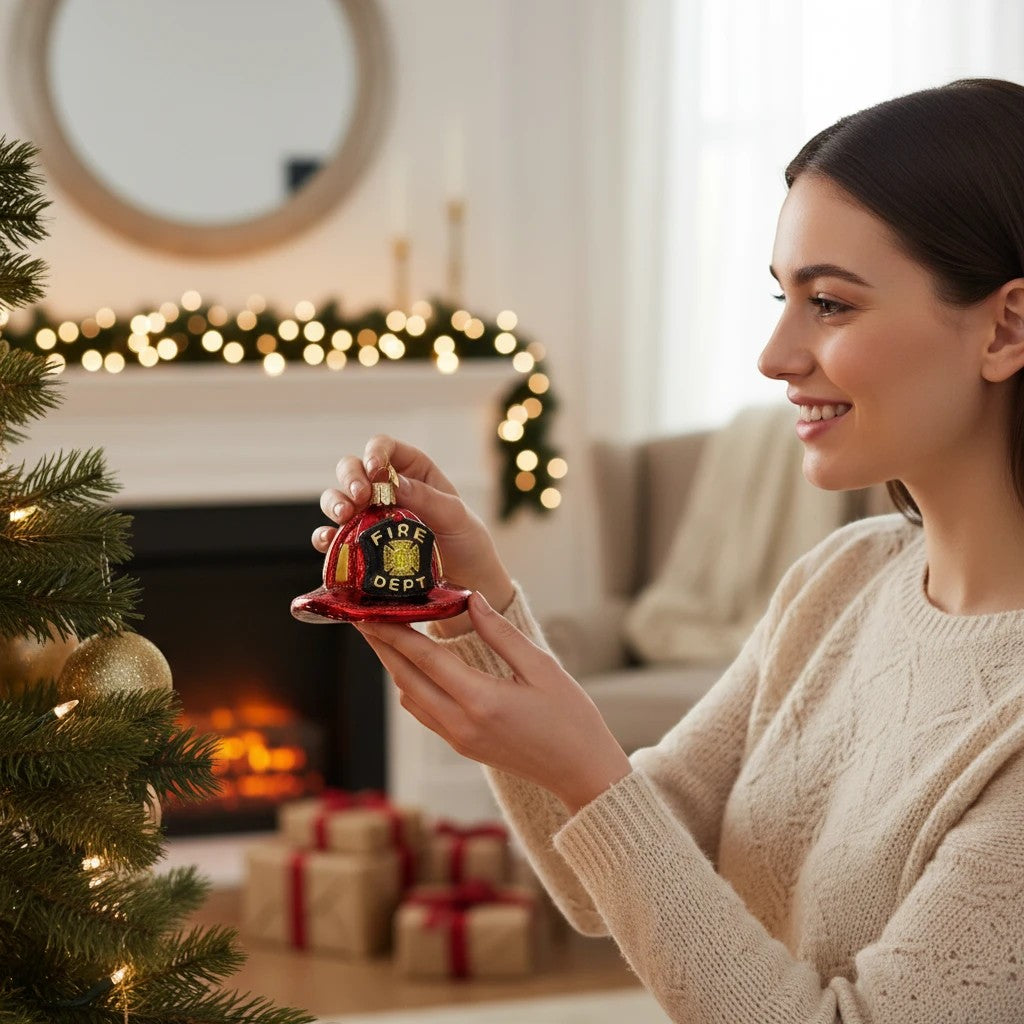 Mellow Monkey Old World Christmas blown glass fireman's helmet ornament, red with gold trim and 'FIRE DEPT' emblem.