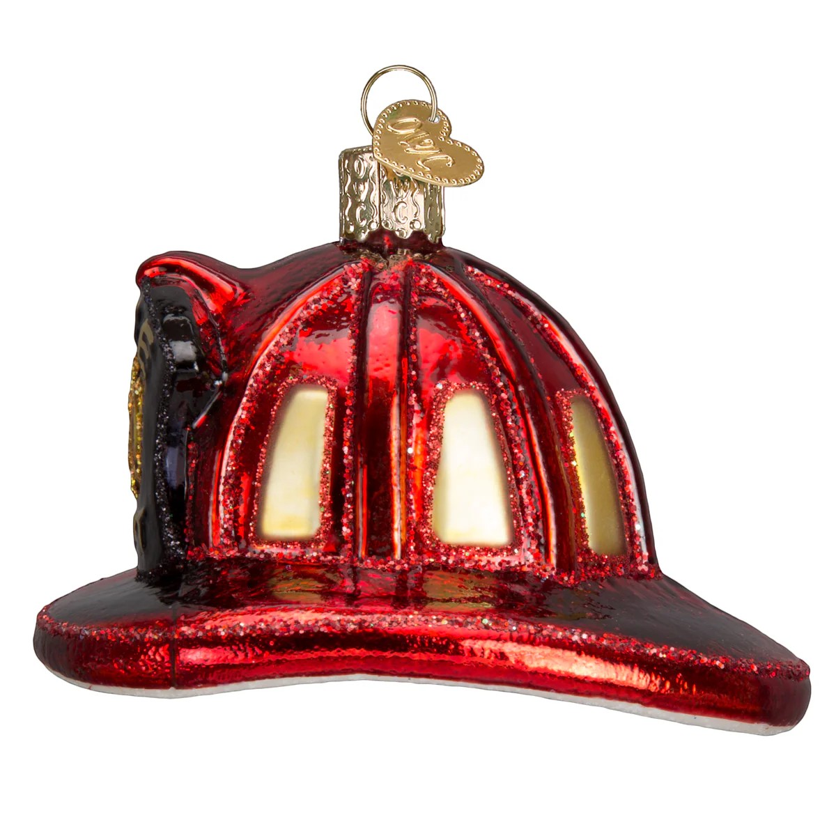 Mellow Monkey Old World Christmas blown glass fireman's helmet ornament, red with glitter accents and gold trim.