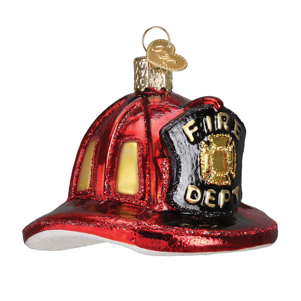 Mellow Monkey red blown glass fireman's helmet holiday ornament with black and gold "FIRE DEPT" shield.