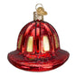 Mellow Monkey Old World Christmas blown glass fireman's helmet ornament, red with gold accents and glitter.