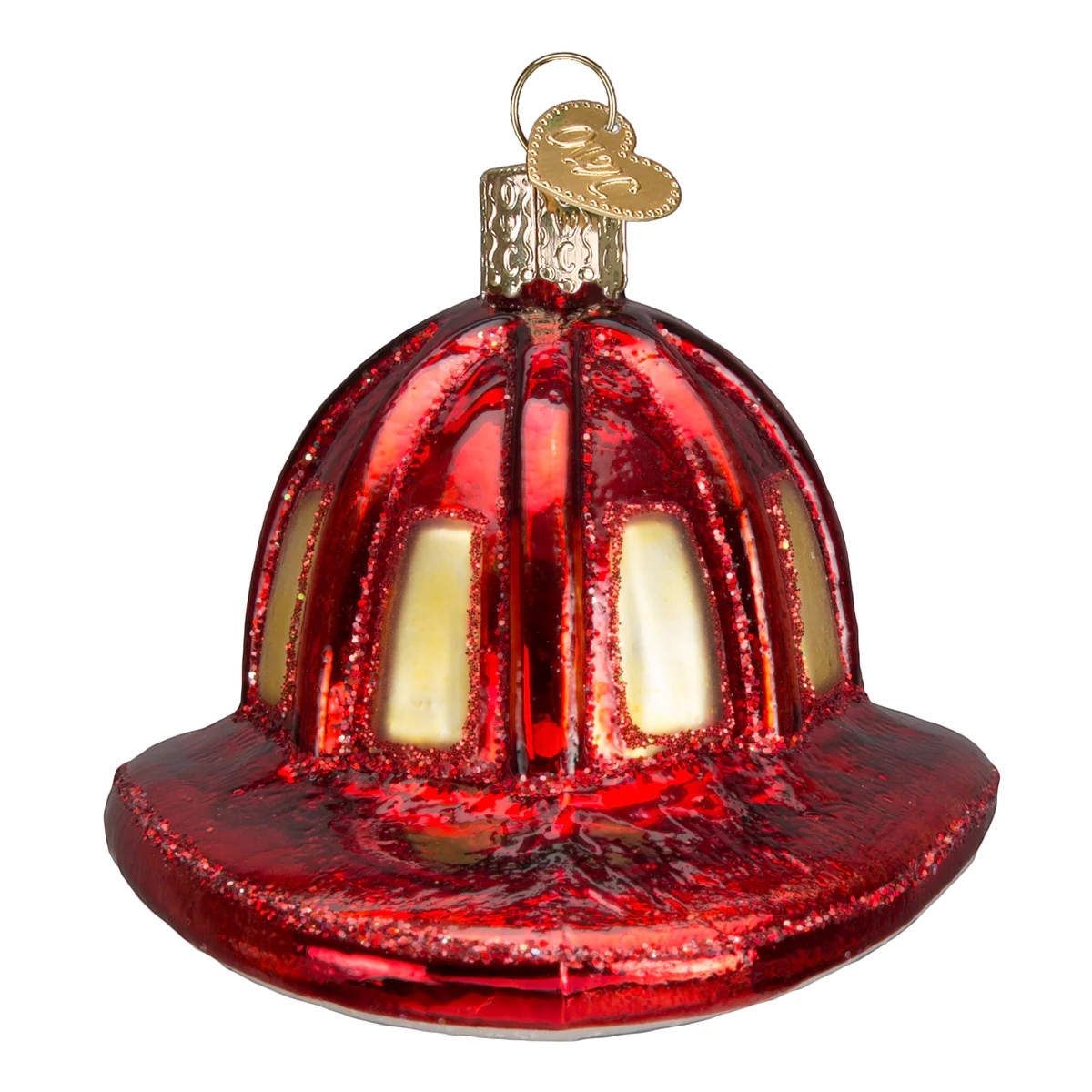Mellow Monkey Old World Christmas blown glass fireman's helmet ornament, red with gold accents and glitter.