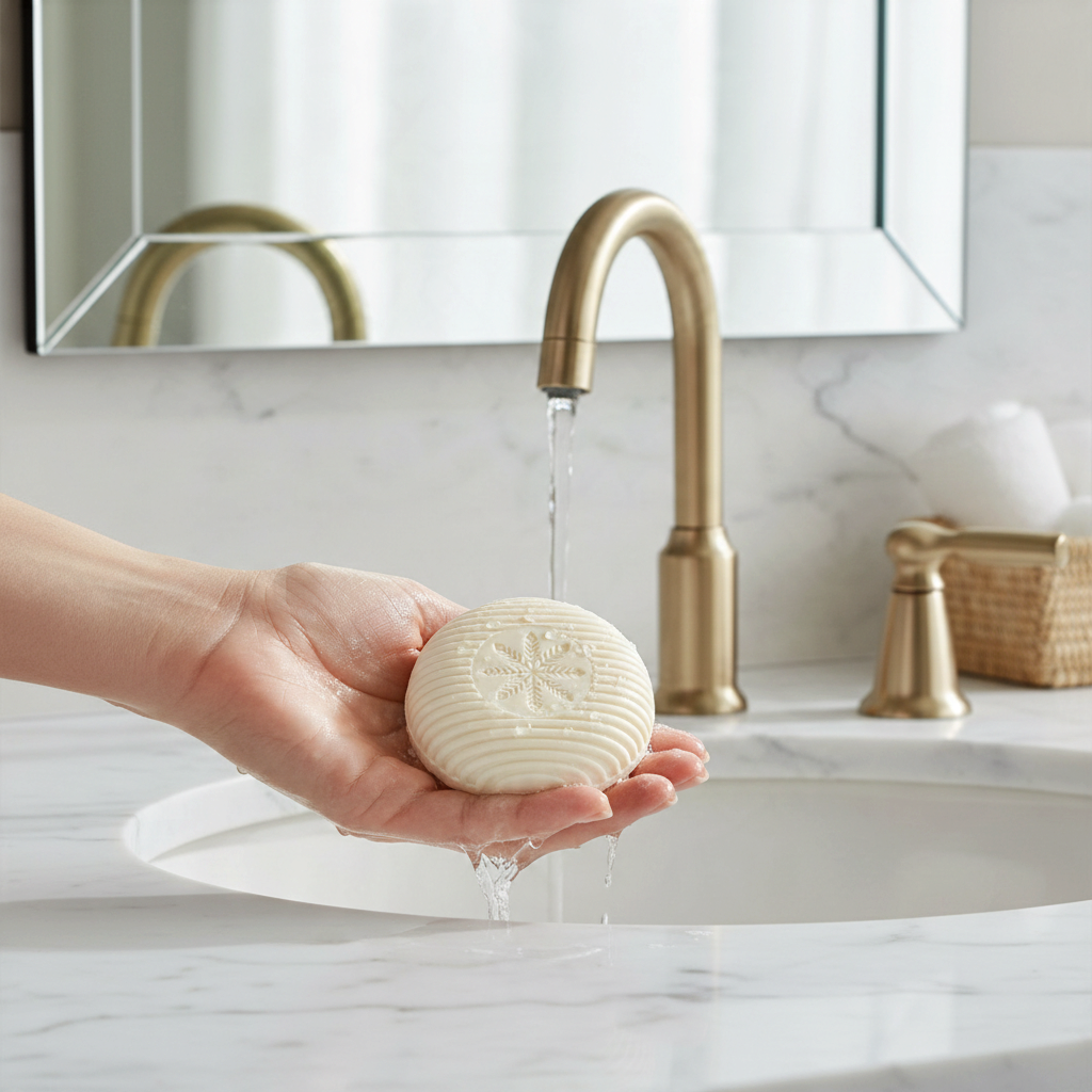 Mellow Monkey First Snowfall triple milled bar soap with snowflake embossing held under a gold bathroom faucet