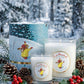 Mellow Monkey First Snowfall soy candles with Richard Scarry winter illustration, pine cones, and holly berries.