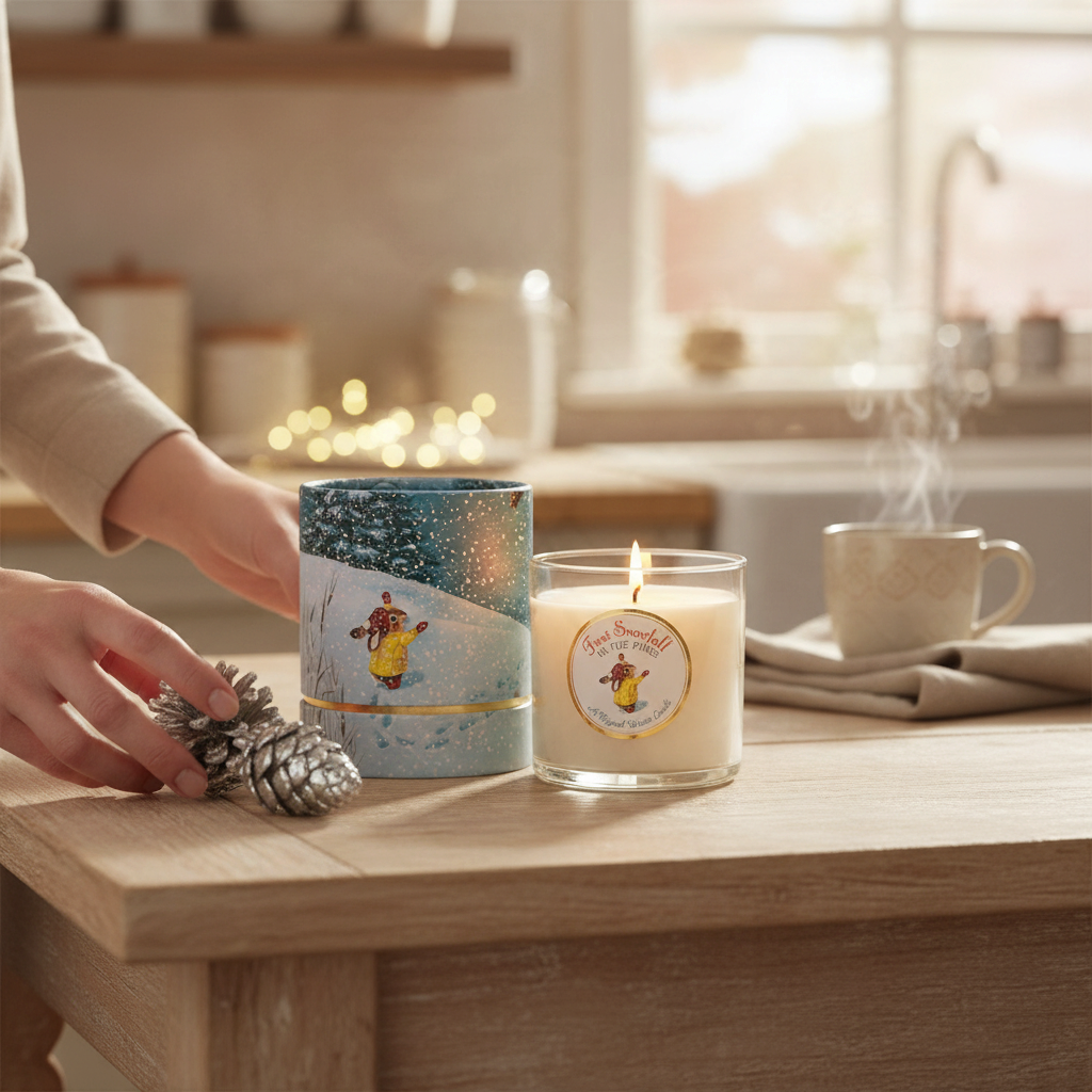 Mellow Monkey First Snowfall soy candle with Richard Scarry artwork, featuring a lit wick and decorative gift box.