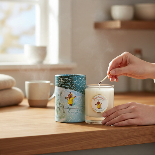 Mellow Monkey First Snowfall soy wax votive candle with Richard Scarry illustration packaging being lit on a table.