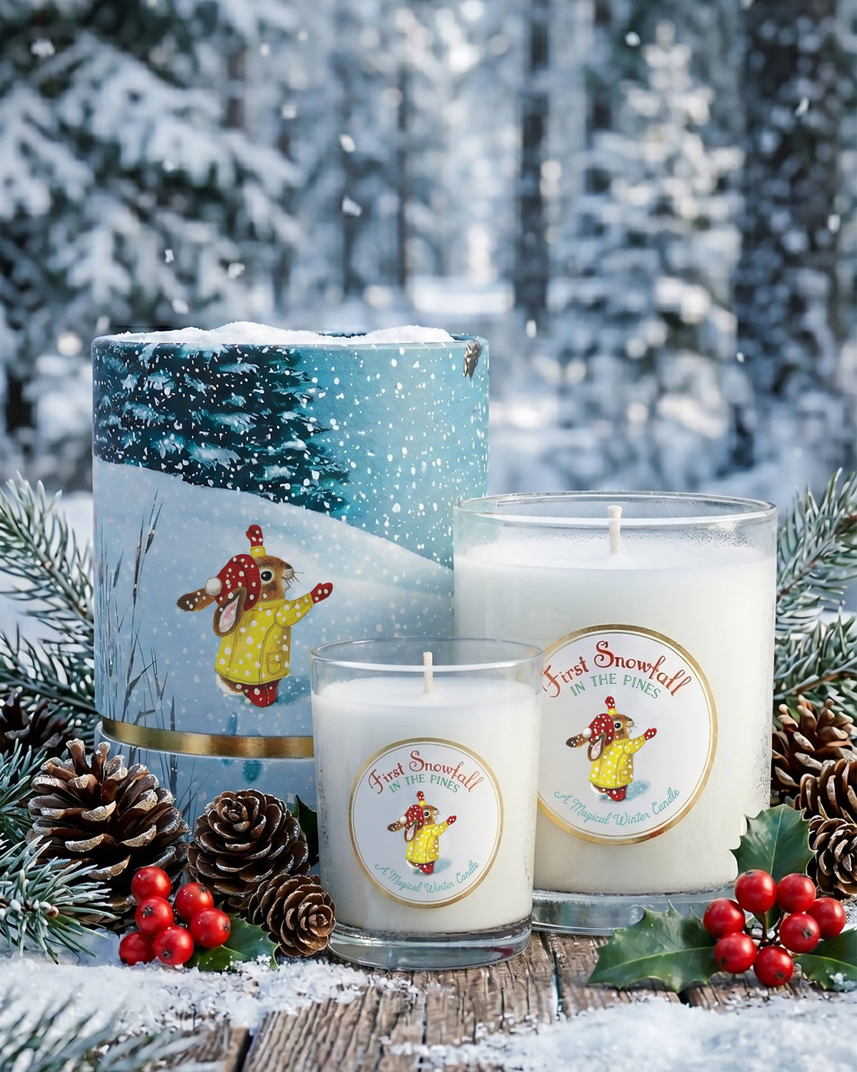 Mellow Monkey First Snowfall soy wax votive candle featuring Richard Scarry winter illustrations on a snowy backdrop.