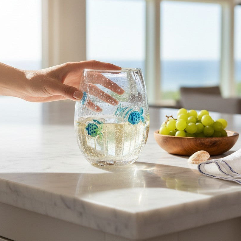 Mellow Monkey mouth-blown stemless wine glass with blue glass fish bubbles, held on a marble kitchen counter.