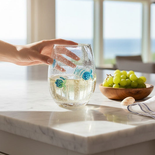 Mellow Monkey mouth-blown stemless wine glass with blue glass fish bubbles, held on a marble kitchen counter.