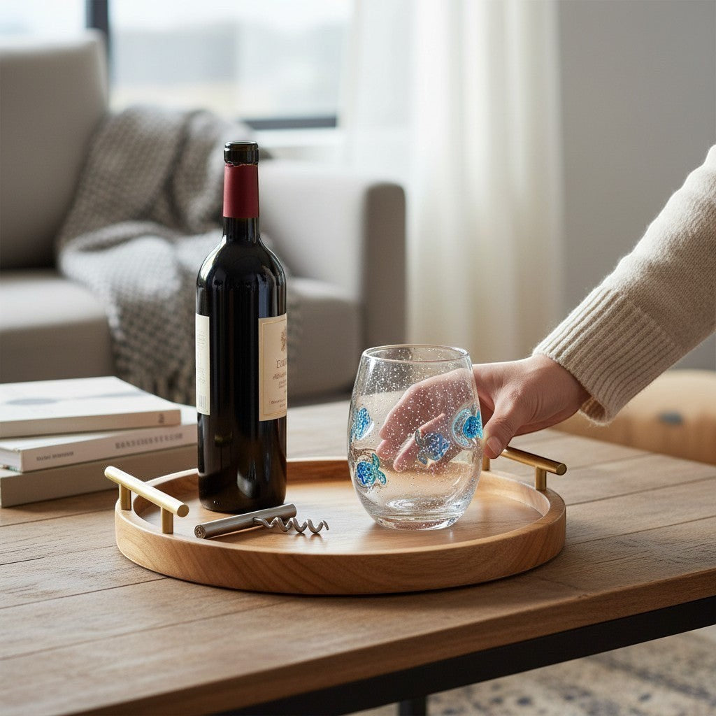 Mellow Monkey stemless wine glass with blue fish bubble design on a wooden tray with a wine bottle and corkscrew