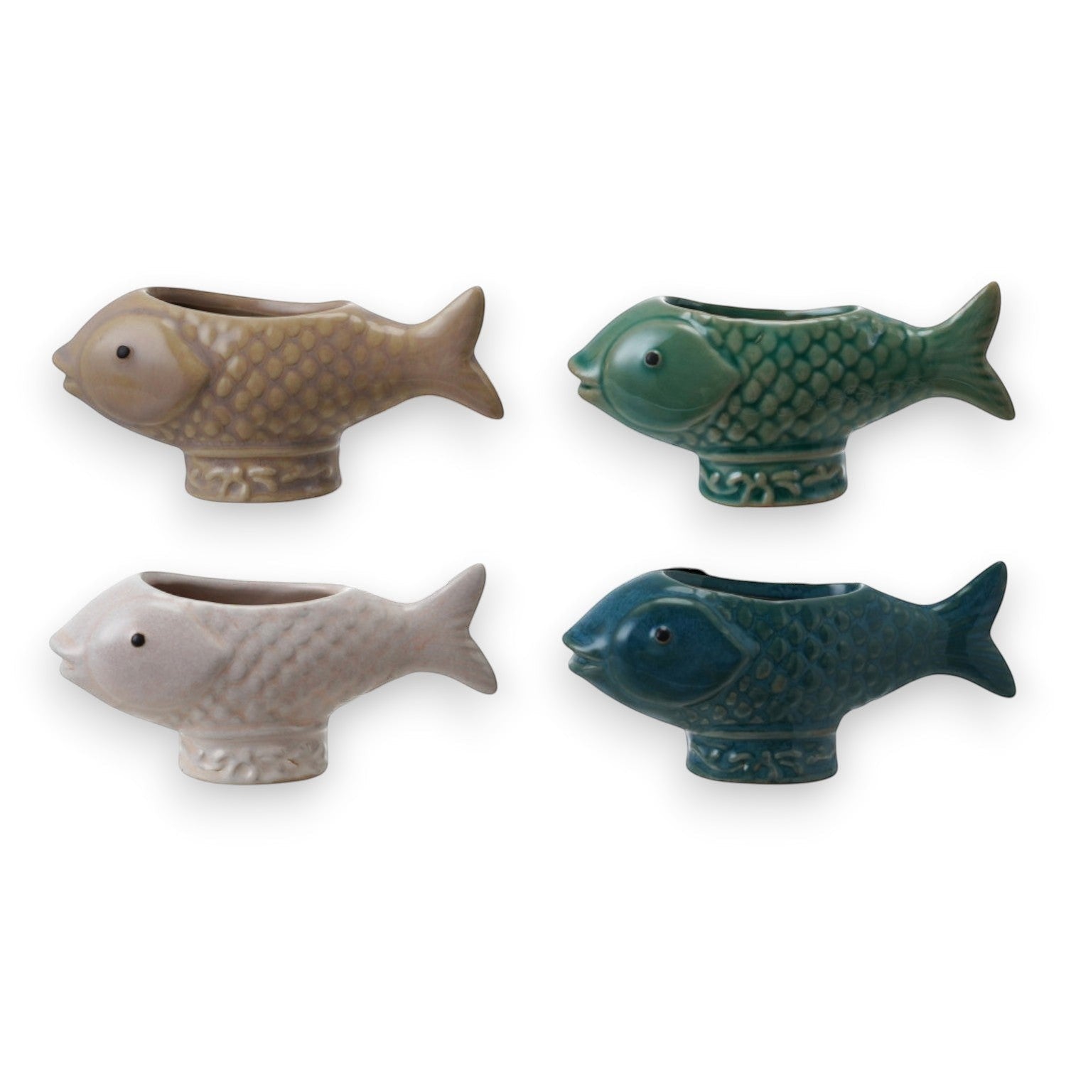 Mellow Monkey stoneware fish shaped container in blue, green, white, and taupe. Use as a toothpick holder or small planter.