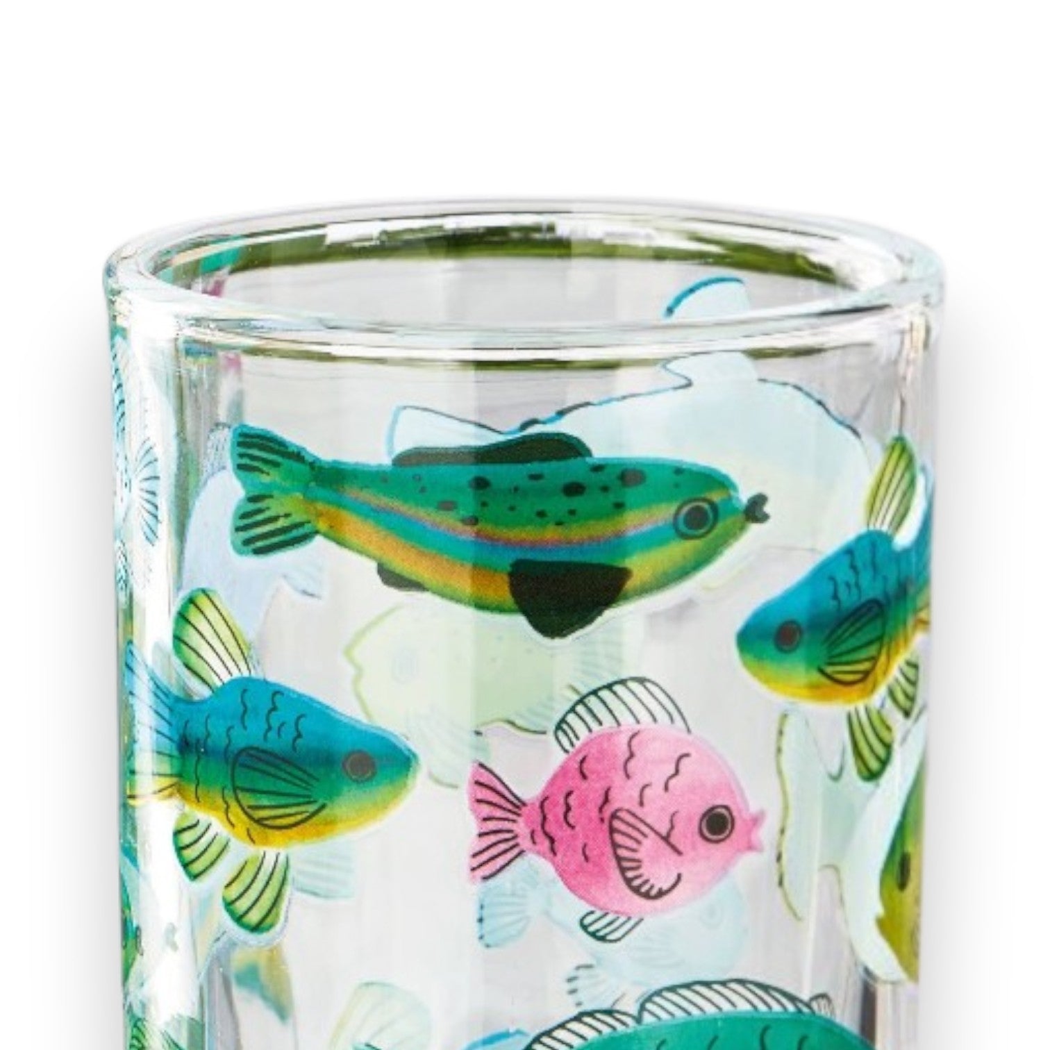 Mellow Monkey Make A Splash set of four 10-oz glass tumblers featuring colorful fish decals on a wooden table.