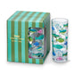 Mellow Monkey Make A Splash set of four 10-oz glass tumblers featuring colorful fish decals and striped gift box.