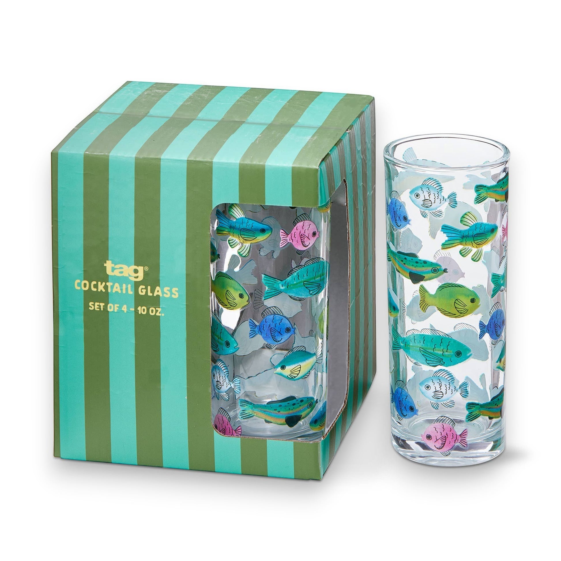 Mellow Monkey Make A Splash set of four 10-oz glass tumblers featuring colorful fish decals and striped gift box.